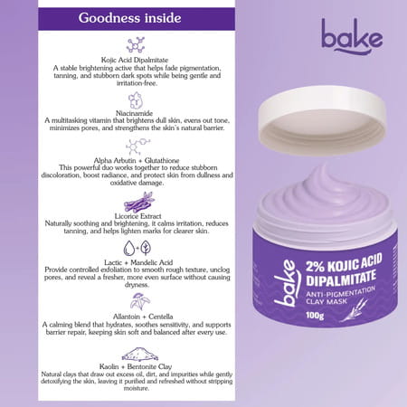 Bake 2% Kojic Acid Dipalmitate Clay Mask For Pigmentation - 100g