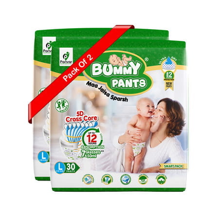 Bummy Pants Baby Diaper - L | Ultra Dry Comfort | 360 Protection | 12hr Absorption - (2 X 30pcs)