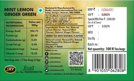 Celest Green Tea 100 Bags - Ginger | Mint & Lemon