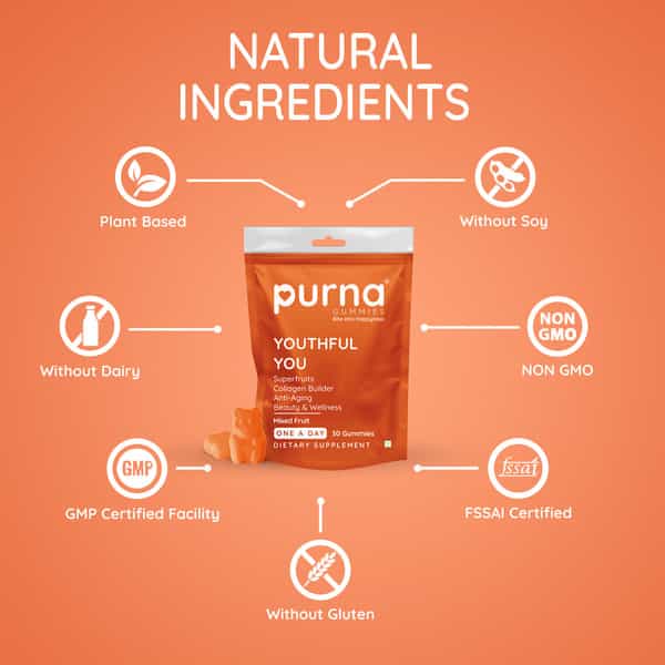 Purna Superfruits Collagen Mixed Fruit Flavor Gummies For Hair And Skin 30 Day Pack