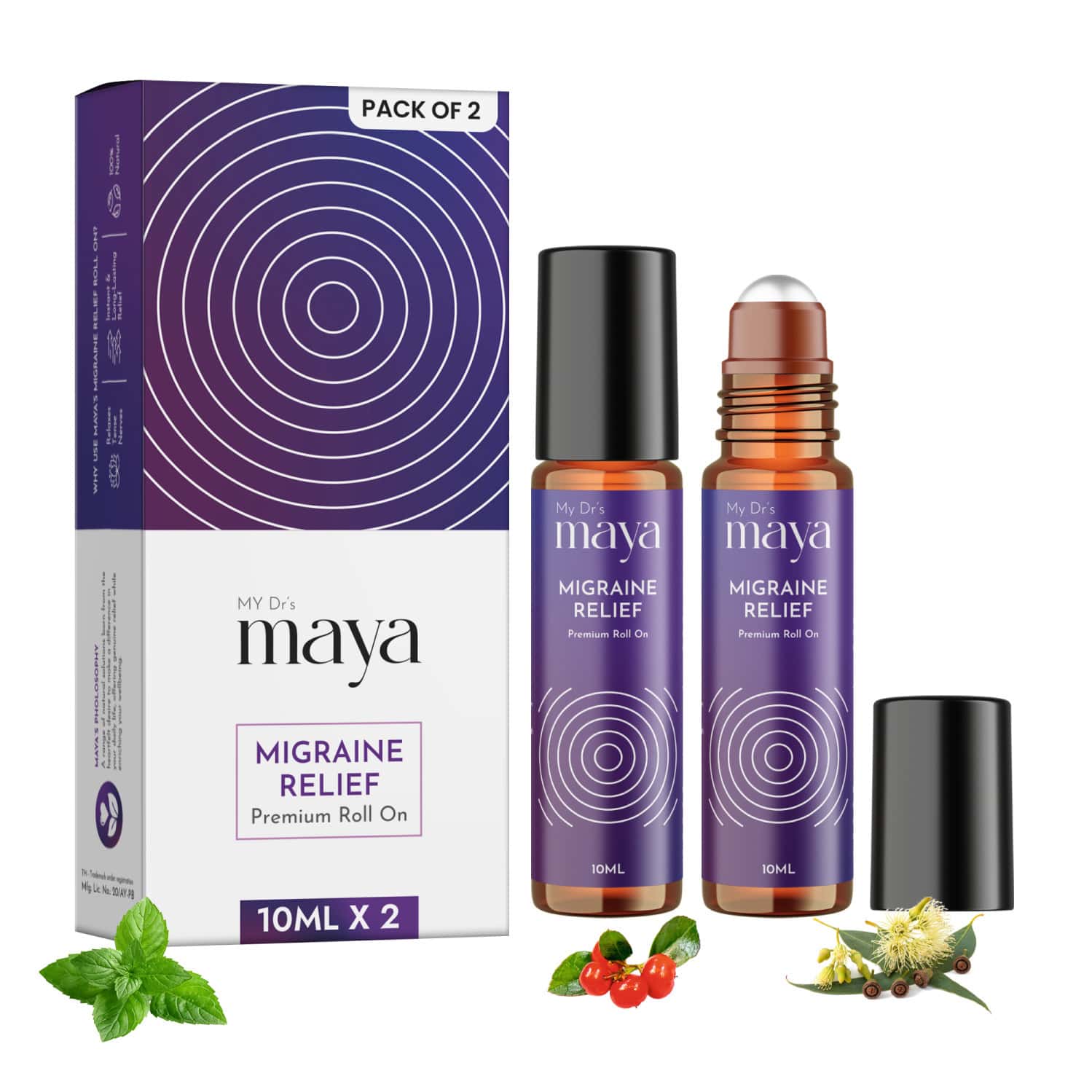 Maya Aromatherapy Migraine Relief Premium Roll On 100% Pure Essential Oils Reduces Migrain Pack Of 2