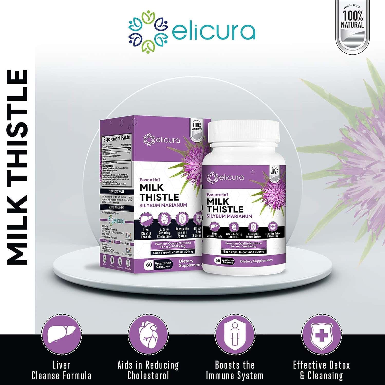 Buy ELICURA'S ESSENTIAL MILK THISTLE SILYBUM MARIANUM 60 VEG CAPSULES