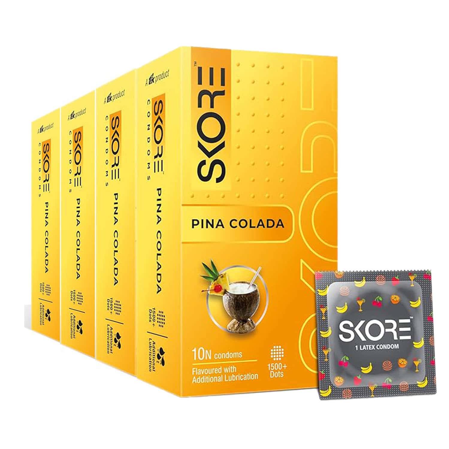 Skore Dotted Flavour Condoms (pinacolada) 10n (pack Of 4) And Hard Rock Gel Sachet Free