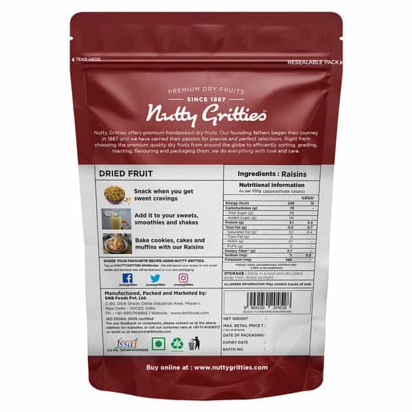Nutty Gritties Indian Long Raisins - 400G (2 Pack Of 200G Each)