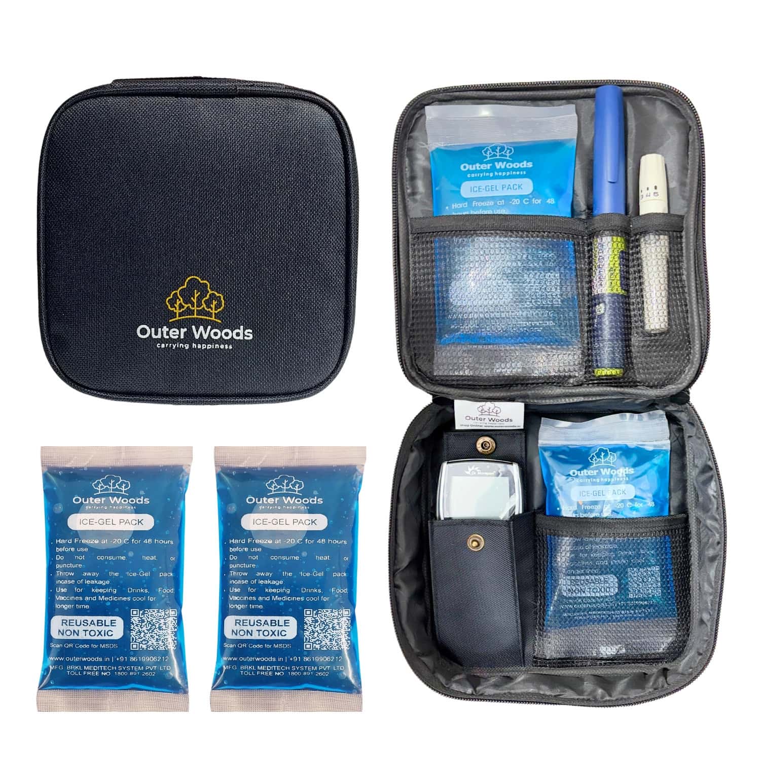 Outer Woods Insulin Cooler Bag With 2 Ice Gel Packs &Glucometer Pocket | 6+ Hrs Cooling - Black