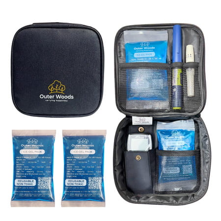 Outer Woods Insulin Cooler Bag With 2 Ice Gel Packs &Glucometer Pocket | 6+ Hrs Cooling - Black
