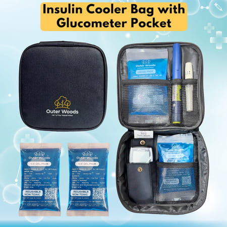 Outer Woods Insulin Cooler Bag With 2 Ice Gel Packs &Glucometer Pocket | 6+ Hrs Cooling - Black