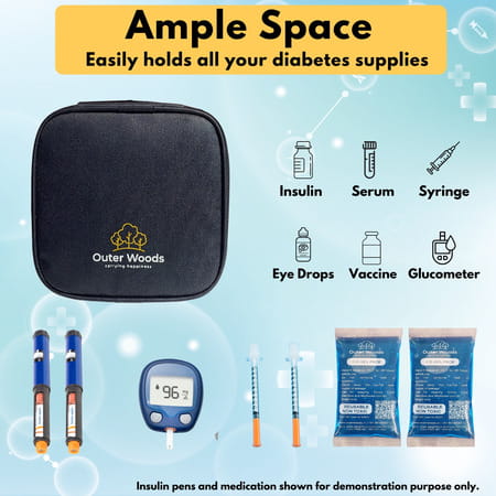Outer Woods Insulin Cooler Bag With 2 Ice Gel Packs &Glucometer Pocket | 6+ Hrs Cooling - Black