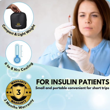 Outer Woods Insulin Cooler Bag With 2 Ice Gel Packs &Glucometer Pocket | 6+ Hrs Cooling - Black
