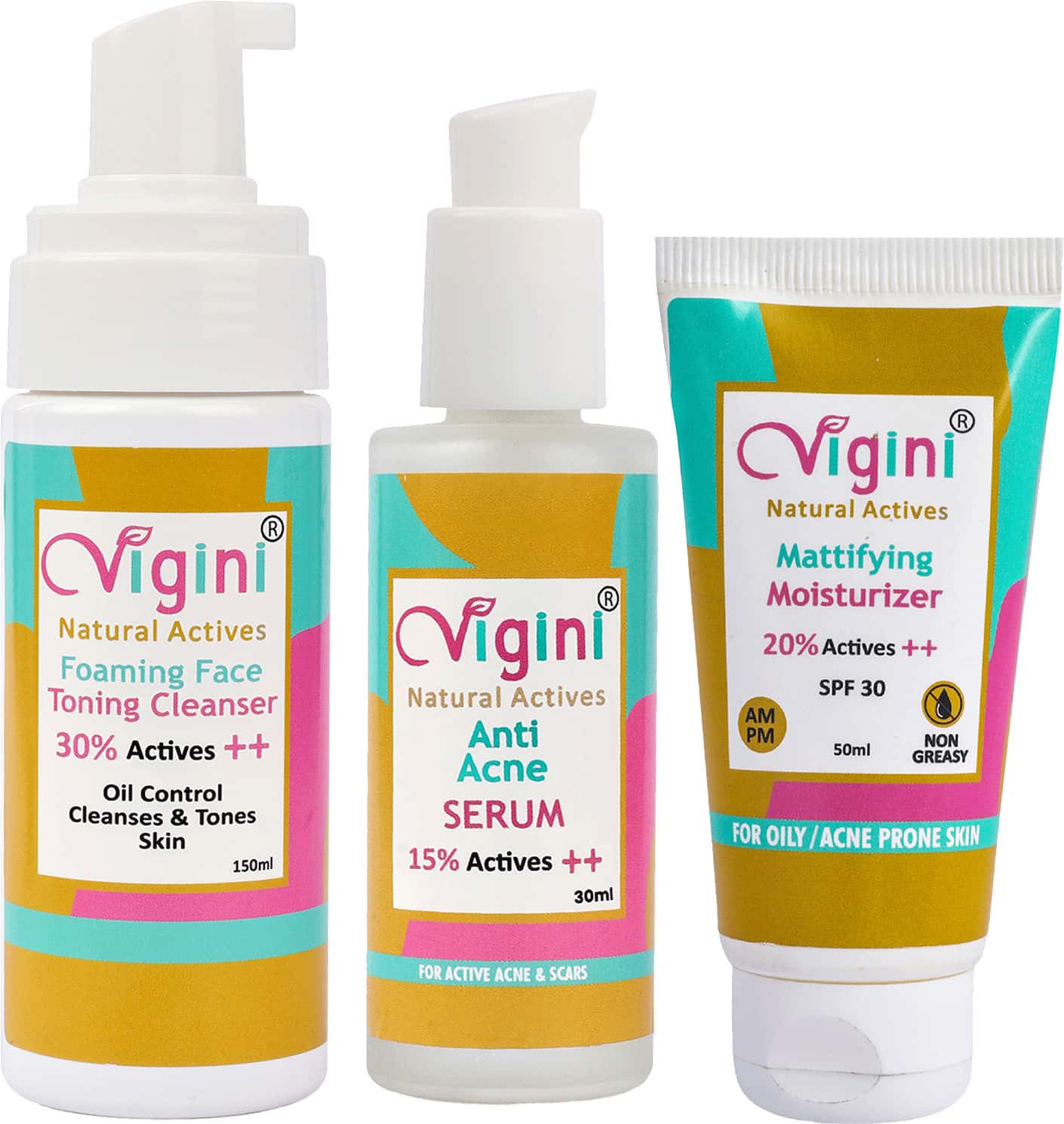 Vigini Anti-Acne Oil Control Foaming Face Wash 150ml, Serum 30ml, Mattifying Moisturizer Cream 50ml