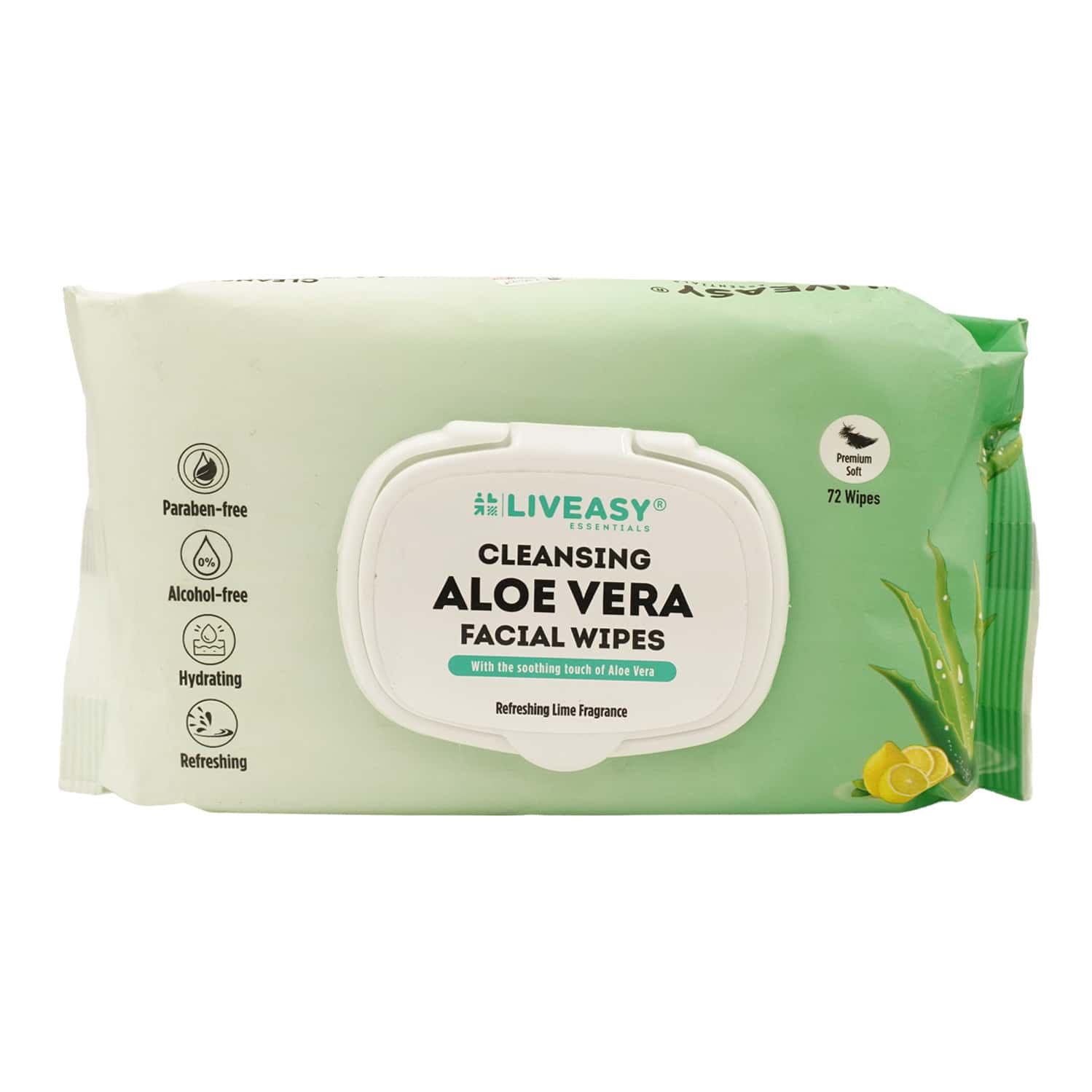 Liveasy Essentials Cleansing Aloe Vera Refreshing Lime Fragrance Facial Wipes 72 No's