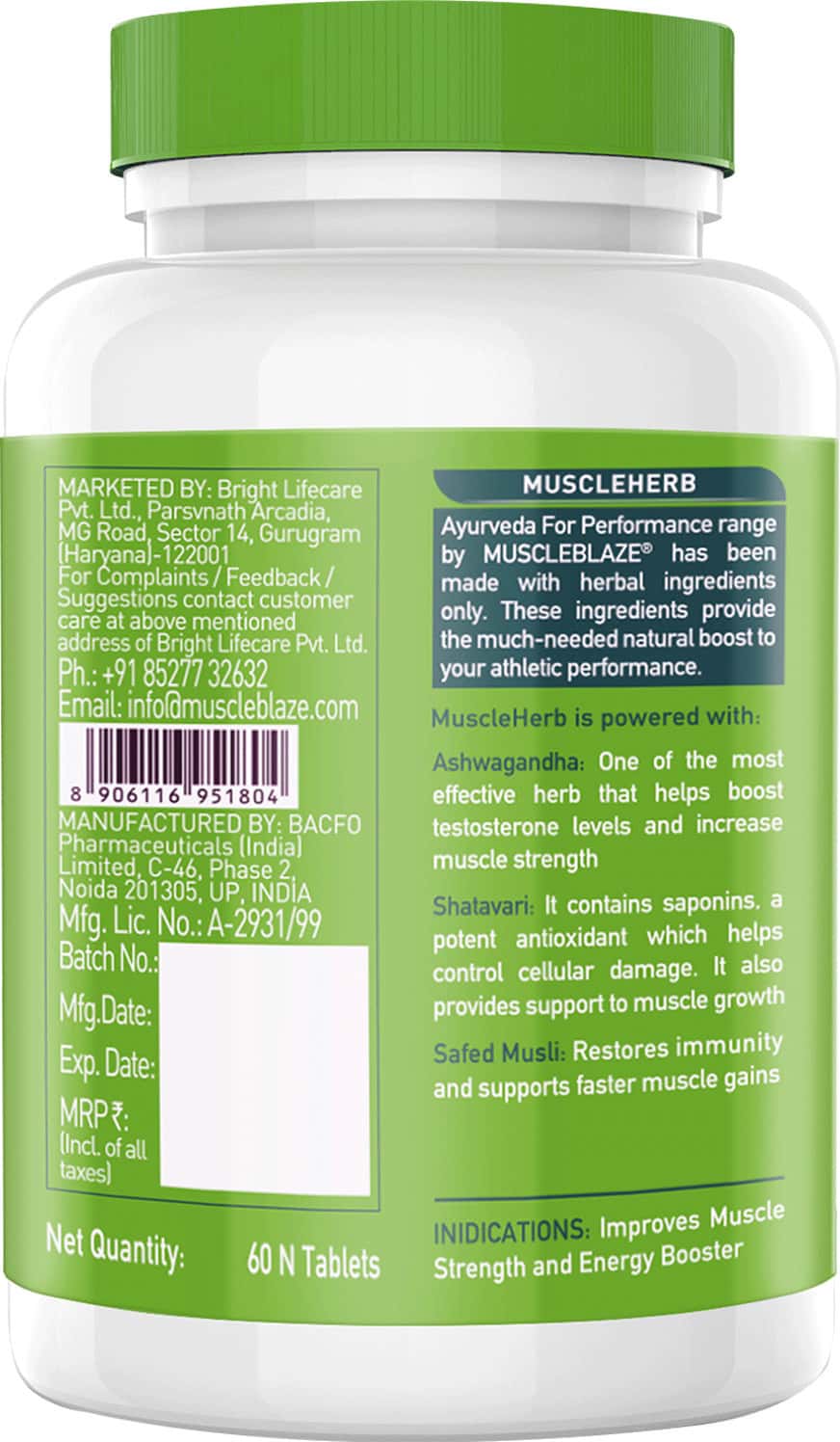 Buy MUSCLEBLAZE AYURVEDA MUSCLEHERB SUPPLEMENT 60 TABLETS Online & Get