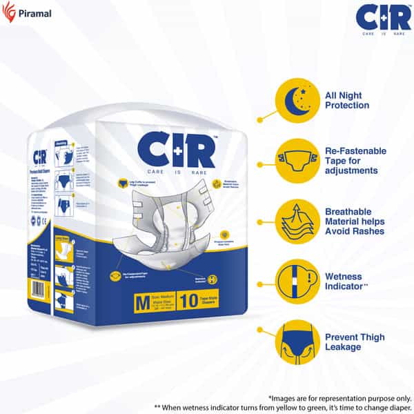 Cir Diaper | Adult Diaper | Medium | Premium Tape Style | Waist (28"-44")| Pack Of 1 (10 Units)
