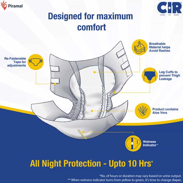 Cir Diaper | Adult Diaper | Medium | Premium Tape Style | Waist (28"-44")| Pack Of 1 (10 Units)