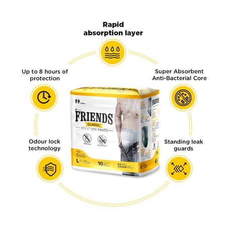 Friends Classic Adult Diapers Pants Style | L Size Waist 30-56 Inch | 10 Diapers