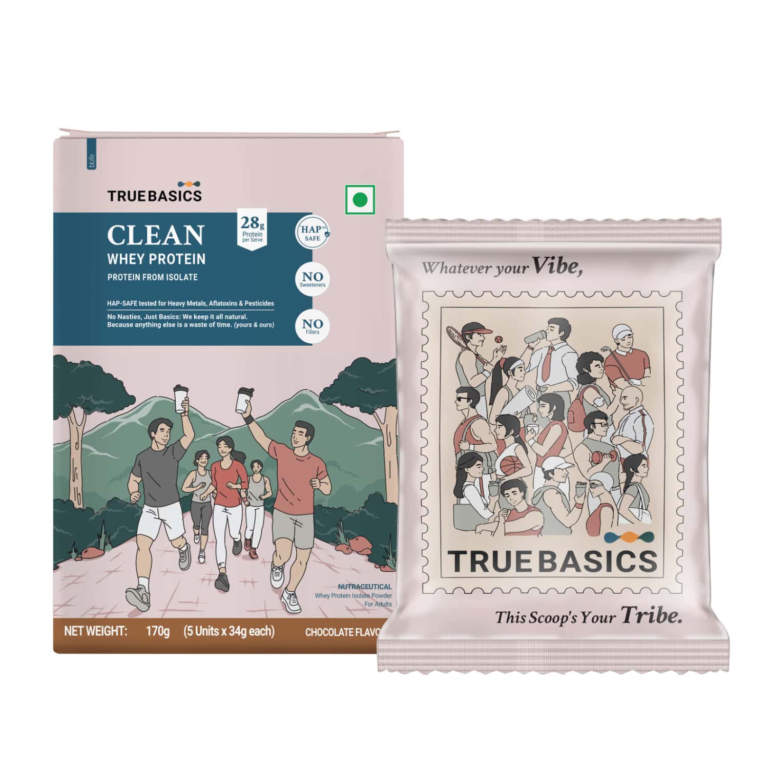 Truebasics Clean Whey 100% Protein Isolate Powder (chocolate 170g (34gx5) | 28g Protein