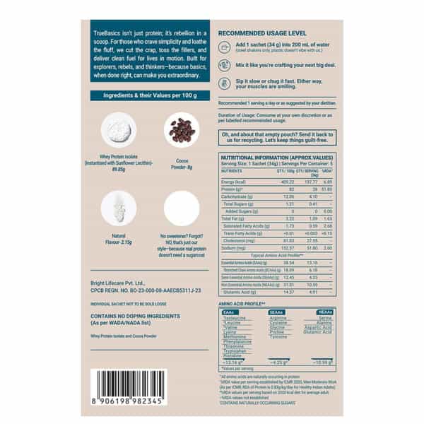 Truebasics Clean Whey 100% Protein Isolate Powder (Chocolate 170G (34Gx5) | 28G Protein