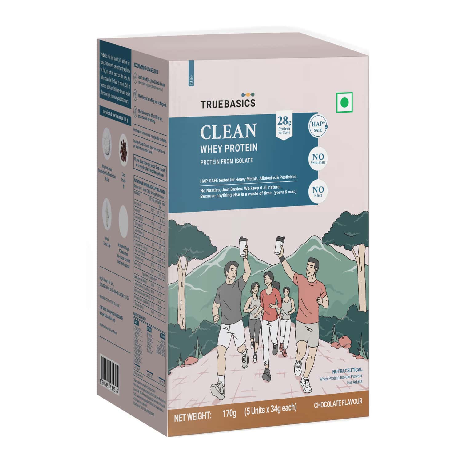 Truebasics Clean Whey 100% Protein Isolate Powder (chocolate | 34gx5) | 28g Protein Per Sachet