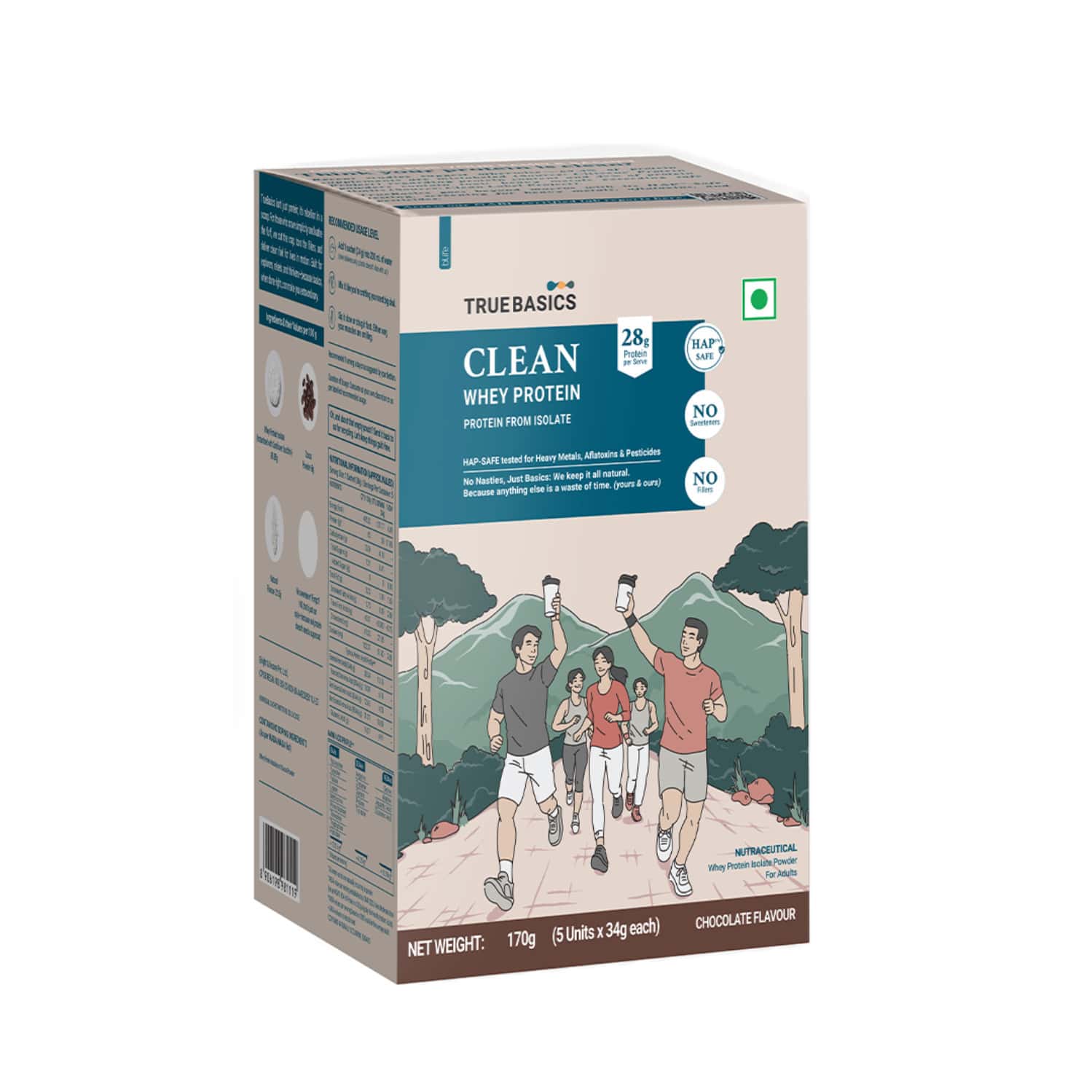 Truebasics Clean Whey 100% Protein Isolate Powder (chocolate 170g (34gx5) | 28g Protein