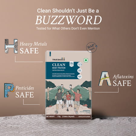 Truebasics Clean Whey 100% Protein Isolate Powder (Chocolate | 34gx5) | 28g Protein Per Sachet