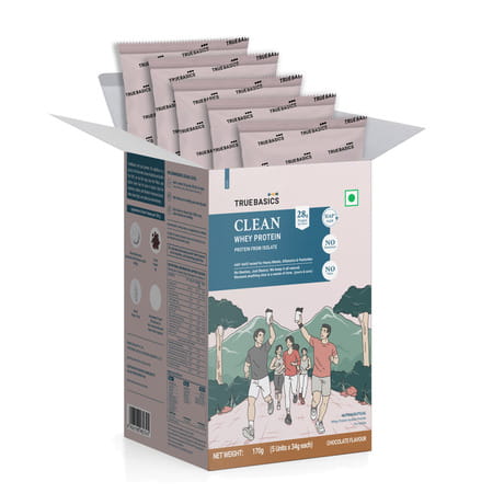 Truebasics Clean Whey 100% Protein Isolate Powder (Chocolate | 34gx5) | 28g Protein Per Sachet