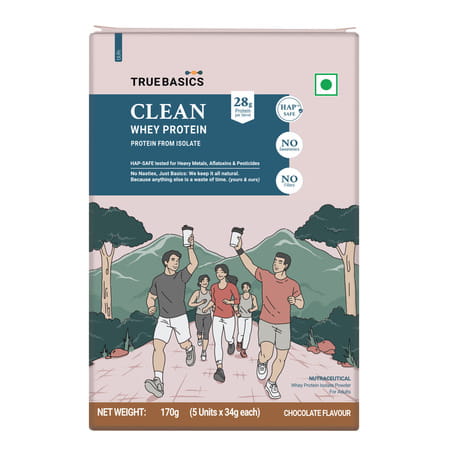 Truebasics Clean Whey 100% Protein Isolate Powder (Chocolate | 34gx5) | 28g Protein Per Sachet