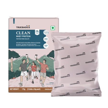 Truebasics Clean Whey 100% Protein Isolate Powder (Chocolate | 34gx5) | 28g Protein Per Sachet