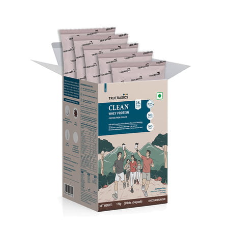 Truebasics Clean Whey 100% Protein Isolate Powder (Chocolate | 34gx5) | 28g Protein Per Sachet