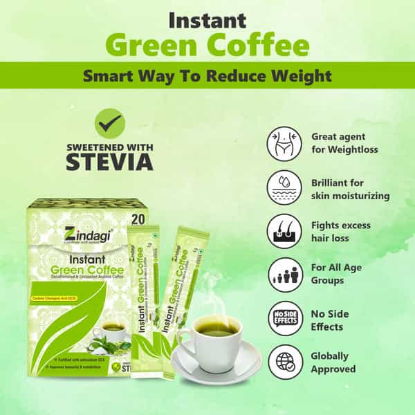 Zindagi Instant Green Coffee Powder|100% Natural Green Coffee Beans Powder|20 Sachets |Pack Of 4