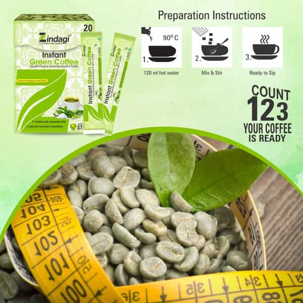 Zindagi Instant Green Coffee Powder|100% Natural Green Coffee Beans Powder|20 Sachets |Pack Of 4