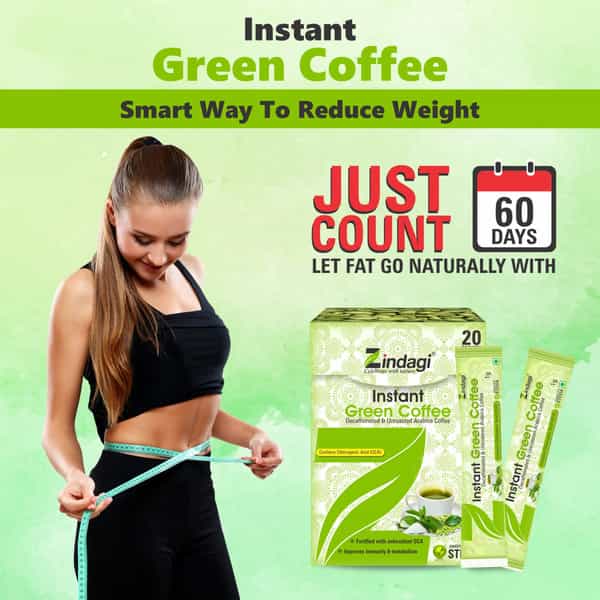 Zindagi Instant Green Coffee Powder|100% Natural Green Coffee Beans Powder|20 Sachets |Pack Of 4
