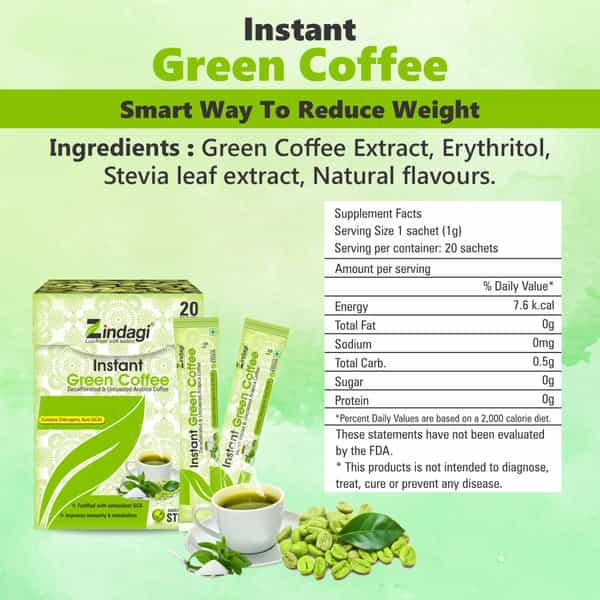 Zindagi Instant Green Coffee Powder|100% Natural Green Coffee Beans Powder|20 Sachets |Pack Of 4