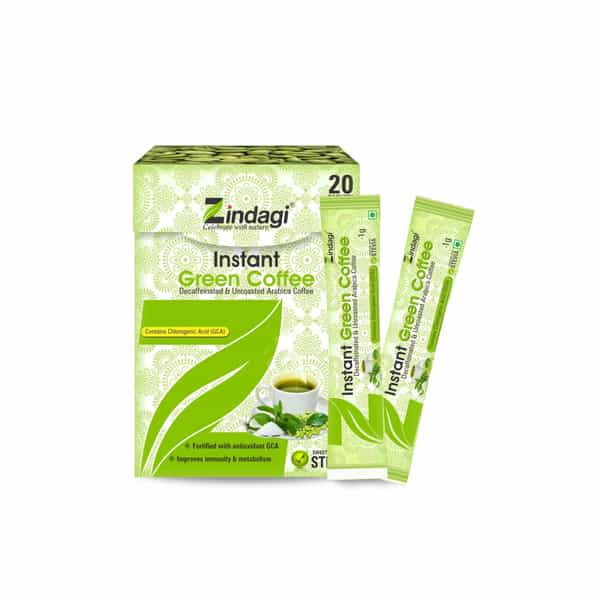 Zindagi Instant Green Coffee Powder|100% Natural Green Coffee Beans Powder|20 Sachets |Pack Of 4