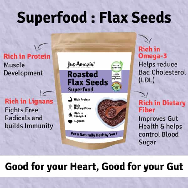 Jus Amazin Roasted Organic Flax Seeds (250G) Clean Nutrition Superfood Rich In Fiber & Omega-3