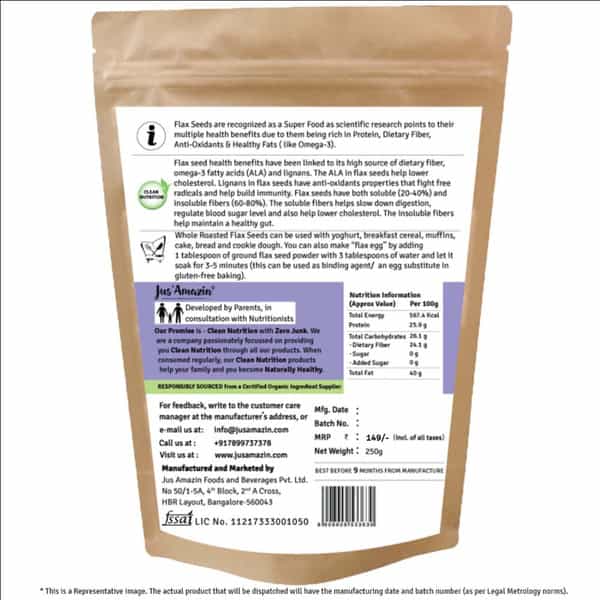Jus Amazin Roasted Organic Flax Seeds (250G) Clean Nutrition Superfood Rich In Fiber & Omega-3