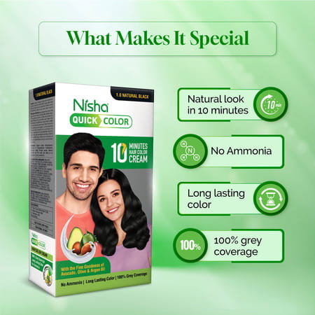 Nisha Quick Color 10 Minutes Creme Hair Colour Natural Black 120G | No Ammonia | Permanent | Unisex