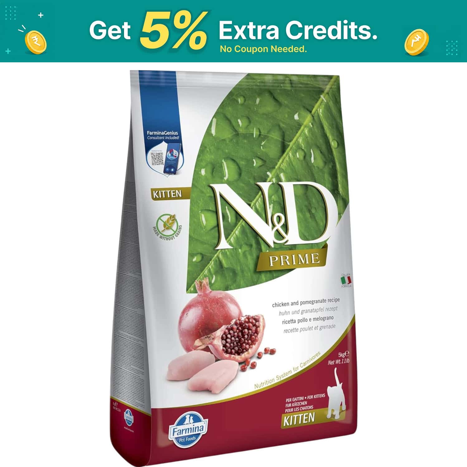 Farmina N&D Prime Kitten Food | Grain-Free | Chicken & Pomegranate | 5kg