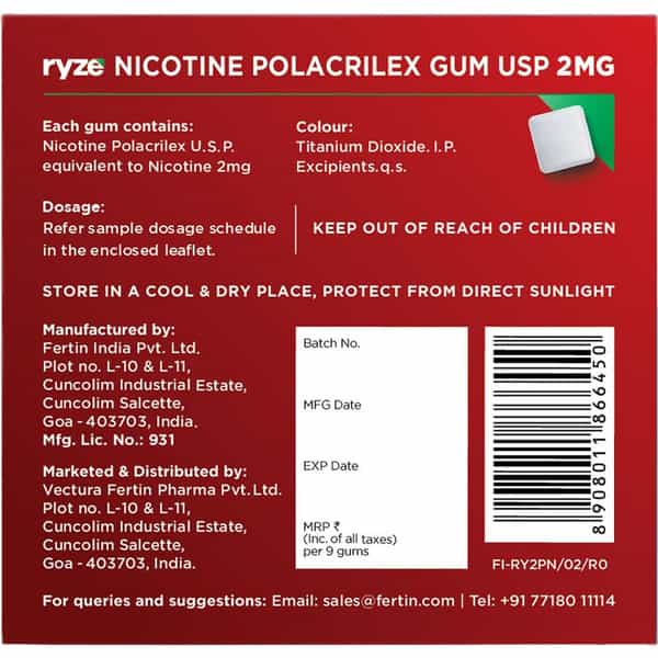 Ryze Nicotine Gum 2Mg |Royal Paan| 9 Gums Each X Smoking Cessations (Pack Of 20)