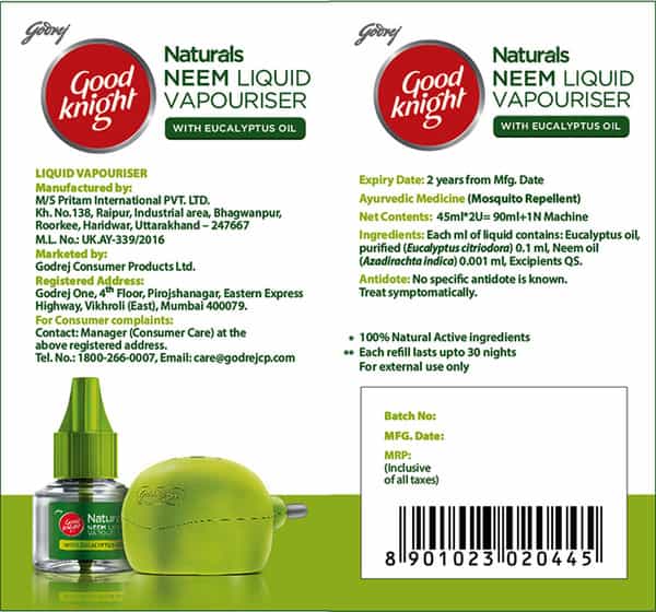 Godrej Good Knight Naturals Neem Liquid Vapouriser Combo Pack - Machine With 2 Refill