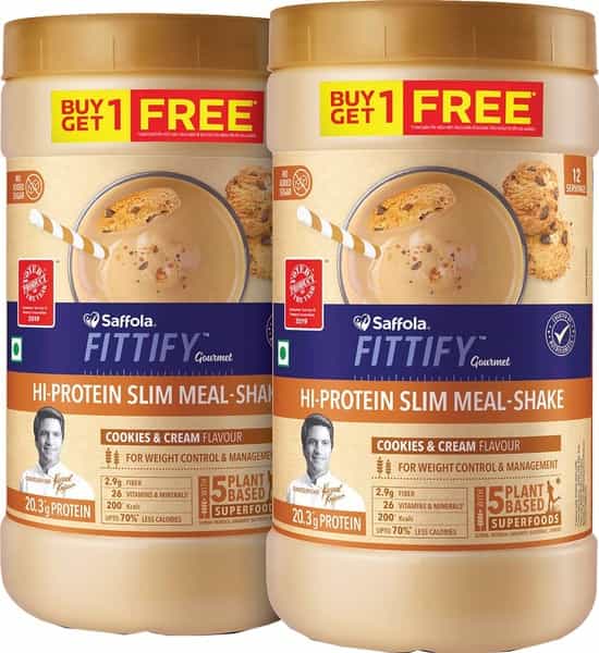 Saffola Fittify Hi-Protein Slim Meal Shake Cookies & Cream Buy 1 Get 1 Each Pack 420 Gm