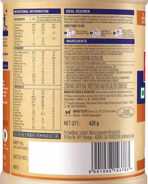 Saffola Fittify Hi-Protein Slim Meal Shake Cookies & Cream Buy 1 Get 1 Each Pack 420 Gm