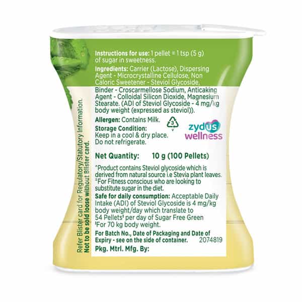 Sugar Free Green Sweetener With Natural Stevia Bottle Of 100 Pellets