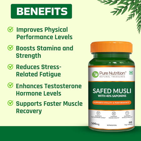 Pure Nutrition Safed Musli - 500mg | 60 Veg Tablets