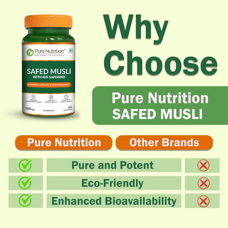 Pure Nutrition Safed Musli - 500mg | 60 Veg Tablets