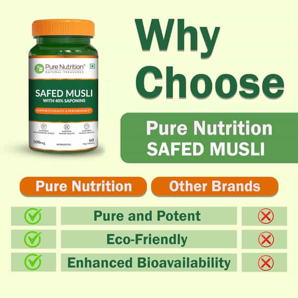 Pure Nutrition Safed Musli - 500Mg | 60 Veg Tablets