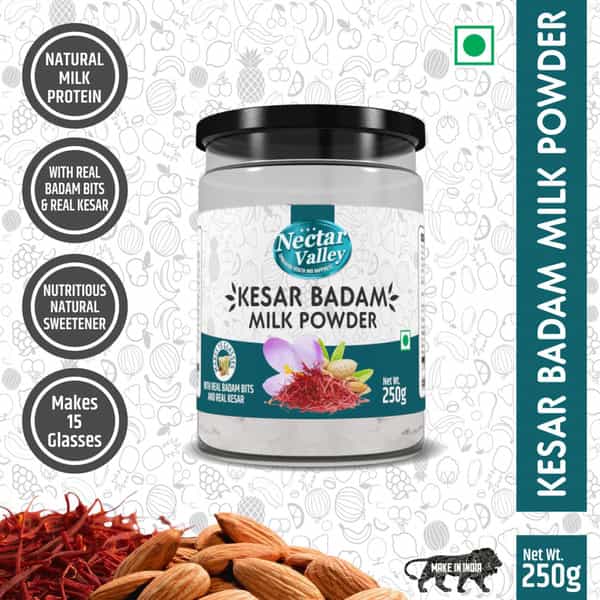 Nectar Valley Kesar Badam Milk Powder | With Real Pieces Of Kesar And Badam | Makes 30 Glass | 500G