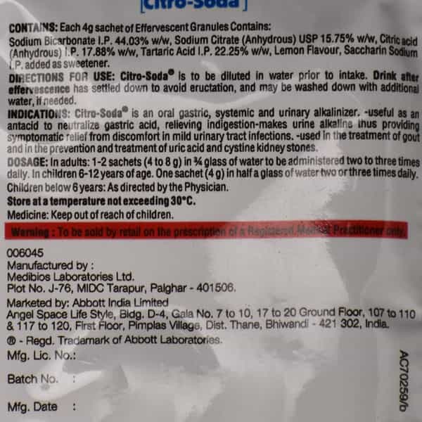 Citro Soda Effervescent Granules Sugar Free Citrus Flavour For Urinary Tract Health - 4G Sachet