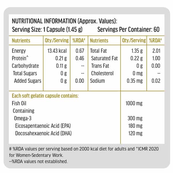Hk Vitals Omega 3 (60 Fish Oil Capsules) | 1000Mg Omega 3 With 180Mg Epa & 120Mg Dha