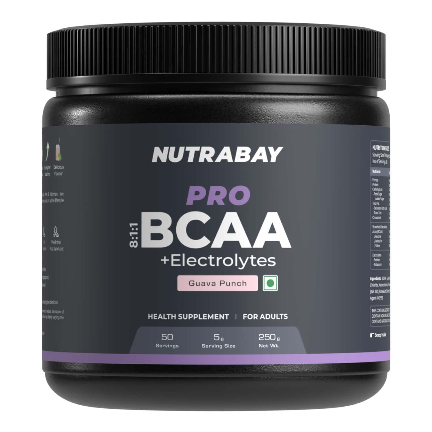 Nutrabay Pro With Electrolytes 7g Vegan Bcaas 1000 Mg Electrolytes - 250g Guava Punch 25 Servings
