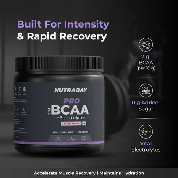 Nutrabay Pro With Electrolytes 7G Vegan Bcaas 1000 Mg Electrolytes - 250G Guava Punch 25 Servings